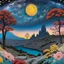 Placeholder: Colourful, peaceful, Max Ernst, Hiroshige, night sky filled with galaxies and stars, rock formations, trees, flowers, one-line drawing, sharp focus, 8k, deep 3d field, intricate, ornate, hypermaximalist