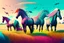 Placeholder: illustration fantasy horses of different colors in a field from afar