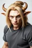 Placeholder: A portrait of an attractive stern ox bison gremlin with wig, shoulder-length blond hair tied in a tight knot, pale skin,light green eyes, muscular build, wearing grey t-shirt