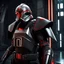 Placeholder: star wars bald male corellian pilot wearing pearlescent black and gunmetal grey First Order special forces heavy assault stealth commando armor and helmet with gold and red trim inside the jedi temple, hyperdetailed, dynamic lighting, hyperdetailed background, 8k resolution, volumetric lighting, light skin, fully symmetric details