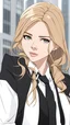 Placeholder: A beautiful young lady attorney with blonde hair, nice eyes, matte peach lips, in white shirt, black coat, black necktie, attorney gown