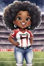 Placeholder: A sassy thick-lined watercolor cartoon image of a black chibi girl standing in front of a football stadium. She is wearing a Georgia Bulldogs football jersey with tight white jeans and timberland boots. behind her curvy body. Looking up coyly, she grins widely, showing sharp teeth. Her poofy hair forms a mane framing her confident, regal expression. Prominent makeup with hazel eyes. Hair is highly detailed.