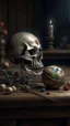 Placeholder: Bosch nightmares paining style Title:an Alien top long egg Skull on an old wooden cracked table , dark color flowers 8k artistic photography, photorealistic concept art, soft natural volumetric cinematic perfect light, chiaroscuro, award-winning photograph, masterpiece, oil on canvas, Raphael, Caravaggio, Greg Rutkowski, people, beksinski, Giger
