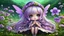 Placeholder: cute happy fairy girl with little wings and rounded ((purple eyes)), big long silver hair, sitting her nice hat a tiny black (kitty with green eyes) , chibi, 3d anime character, detailed, fantasy style, nice picture in the big meadow with pale colors flowers