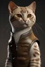 Placeholder: A portrait of a realistic humanoid shorthair cat wearing light leather vest