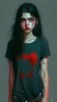 Placeholder: generate a full-length girl with gray-green sad eyes, with dark hair above the shoulders, a round face, not very plump lips, in a black T-shirt with a red print, short shorts, blue socks