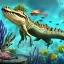 Placeholder: beautiful, stunning paleoart of alligator with fins for legs and fishtail deep underwater, coral reefs, plants, in the style of eleanor kish, davide bonadonna, julius csotony, fabio pastor, wide field of view, Masosaurus, photorealistic, illustrative, digital art, 8k resolution, detailed matte, painting, artwork, deviantart