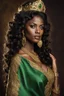 Placeholder: A dark skin toned thin woman with long, large curls in her dark brown-black hair with gold diadem. Her eyes vibrant green, authentic cloth. She wears a gown covered in golden jewels. She has tattoos on her arms Professional photography