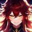 Placeholder: Clear focus, 8k, beautiful lighting, vibrant colors, girl, red long hair, vibrant golden eyes, messy hair, hair in between the eyes, angry, smile,