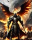 Placeholder: Imagination Dramatic Battlefield Army Group Photography fantasy art,A length photography realistic details, of battlefield the King dark lord wearing steel armor Warcraft decorative golden, battle leader,he on drive an dragon wings fly, leading Armys group,big mountain eruption blow fire background with epic lightning bolts in the sky