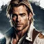 Placeholder: chris pine as handsome warrior king, muscular, long blonde hair, male age 30, wearing jeans and a white button-up shirt, tan skin, tattoos, photorealistic 4k dark fantasy