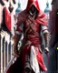 Placeholder: Assassin creed con dagas y espadas detalles en los pantalones y en el pecho caminando por Venezia capa arte digital hiperdetallado detalles intrincados obra de arte rojo blanco 8k