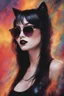 Placeholder: Kiss Me Deadly - Reptilian-skinned - Cat-eye sunglasses - The Flash - Motley Crue - gothic pale-skinned vampire, Painting with fire and multicolored electrified cosmic clouds, by Hoy Tong Lu - Multicolored lightning -a smiling, 18-year-old Countess Elizabeta Dracul, long, straight, black hair, bangs cut straight across the forehead, blue eyes, goth makeup, black leather biker's jacket, bustier, black leather pants, combat boots, black fingerless gloves, sitting on in the forest next to a fire, t