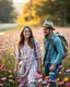 Placeholder: young sweet couple bagpacker adventurer fashion style happy walking and smiling in Realistic photography of a field of wildflowers, soft natural lighting, vibrant colors, intricate details,peaceful and serene atmosphere.