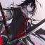 Placeholder: Clear focus, High resolution, rough line sketch art, long black hair, hair between eyes, fluffy hair, purple eyes, wearing a black and red sailor uniform, dark aura, mad, holding katana, bloody mess