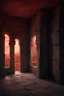 Placeholder: foreground (inner corridor, stone walls and floor, torch on the walls, windows), background: (view of the landscape in windows, giant god sword stabed in land, red sky)