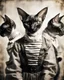 Placeholder: PROMPT: Surrealist portrait of a Oriental shorthair Siamese cat in a convicts outfit, layered multiple exposures of [POSE]. Each overlay is motion blurred and translucent. Monochrome palette, aged film grain and light scratches. A subtle glow softens the focus, evoking [MOOD]. Inspired by early analog photography experiments