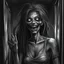 Placeholder: High-definition, riveting sketchy image of a spooky zombie girl with an exaggerated large mouth twisted into an ironic smile. She is characterized by her long, sharply curved fingernails and dirty, unkempt hair. This chilling presence is seen peeking around a corner in a dark, deserted hallway. The image has a blend of styles: heavy metal art of Wes Benscoter like a Slayer 'Season's in the Abyss' cover; the eerie and surreal feel reminiscent of late 19th-century Gothic art; watercolor expressive