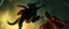 Placeholder: werewolf vs vampire cyberpunk action scene, acrobatic dodge, cape, all seen from below a grid