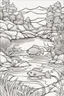 Placeholder: coloring page, fish in a creek, cartoon style, thick lines, low detail, no shading