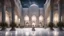 Placeholder: Hyper Realistic People-Praying inside Beautiful-Decorated-Huge-Grey-Brick-Mosque with white-marble-flooring & Beautiful-Lighting-Decorations at night with stars on sky & beautiful trees