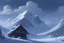 Placeholder: anime style snowy mountain in a blizzard with dark skys and a small cabin in the background with a width of 1102 px and a height of 513 pc\x