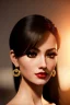 Placeholder: Young business woman, dark orange eyes, dark brown hair, elegant hair, thin lips, gold hoop earrings, waist up portrait, 8k resolution, intricate details, ornate details, soft lighting, vibrant colors, retroanime, masterpiece, realistic, intricate eyeliner, dark eyeshadow, eyes,futuristic cityscape background