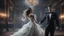 Placeholder: Hyper Realistic close-up-view-of-handsome-muscular-man-in-black-tuxedo dancing with a beautiful-ghost-of-a-women-in-torn-white-gown inside a super-dark-fancy-hall-of-a-mansion with creepy flying-ghosts behind showing dramatic & cinematic ambiance