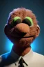 Placeholder: Waist up muppet Portrait, Vladimir Putin as muppet doll, Black suit, photo studio, blue background, unreal engine 5, concept art, art station, god lights, ray tracing, RTX, lumen lighting, ultra detail, volumetric lighting, 3d.