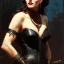 Placeholder: painting of evil goddess in black leather, angry, strong, volouptous, busty, cleavage, emperious, mature, highly detailed, digital painting, artstation, concept art, smooth, sharp focus, illustration, art by gaston bussiere and alphonse mucha