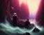 Placeholder: Charon the ferryman in his boat on the river Styx, red black purple colours, 8k, high definition, fantasy art, winding river, sharp jagged rocks, high contrast colours, sharp detail,