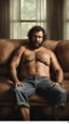 Placeholder: photorealistic, photography, half figure shot, an hairy men sleeping over an old sofa, hands behind the neck, Realistic photography, shirtless, shorts, well defined facial features, muscular chubby sweat dirty marocan, ugly , 41 years old , open legs, manly chest, big shoulders, manly torso, short beard , very dark living room, dim light, ambient occlusion, view angle from below, frontal view from the ground