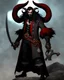 Placeholder: demonic rogue, crude handgun self-made, gray ashen skin, half-curled ram horns, pirate outfit, red eyes, black wavey hair, short black beard