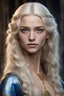 Placeholder: Maegelle Targaryen, aged 16, epitomizes Targaryen allure with her golden locks and sapphire eyes. Despite her royal lineage, her demeanor exudes youthful innocence and curiosity. She boasts a slender frame adorned with delicate features, framed by cascading golden hair. Her sapphire-blue eyes reflect wisdom beyond her years, contrasting with her porcelain skin and high cheekbones. Clad in Tudor-inspired attire, including a French hood and pale blues and teals, she embodies timeless elegance amid