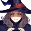 Placeholder: retro style, witch, witch hat, witch robe, expression smiling, portrait