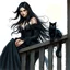 Placeholder: Detailed airbrush and oil illustration of a mysterious woman with long flowing black hair, dressed in an elaborate gothic costume with lace trim and dark velvet. She sits gracefully on the railing of a weathered wooden balcony and looks piercingly at the viewer. Next to her sits an elegant black cat with hypnotic green eyes on the railing, its fur shimmering in the soft moonlight. The background is white to remove