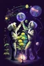 Placeholder: Albert Einstein and Richard Feynman playing with numbers & atoms in outerspace with plants, cosmic gas, stars, moons, and comets dancing around them