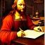 Placeholder: leonardo da vinci works on laptop at his desk. painting in photoshop. hyperdetailed, warm colors, movie poster, oil on canvas,