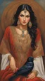 Placeholder: A stunningly radiant Persian woman, her face exudes timeless beauty and grace. Captured in a mesmerizing oil painting, every brushstroke delicately portrays her luminous complexion, enchanting brown eyes, and cascading raven-black hair. The artist's attention to detail brings out the intricate patterns of her traditional attire, adorned with vibrant colors and ornate gold embroidery. This exquisite portrait is a testament to the meticulous craftsmanship and expert artistry, transporting viewers