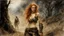 Placeholder: Hyper-photorealistic watercolor art style by Luis Royo , ginger-haired woman with natural skin tones, hyperdetailed face, full body diagonal shot, encounters male bandits in dark fantasy countryside setting, absence of mysterious elements, dramatic lighting, ultrafine detail, octane rendering., by