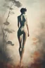 Placeholder: A minimalist, with a vintage twist, featuring a sleek and stylized unclad woman body silhouette against a faded, women body is painting about nature, awosome, bright.