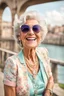 Placeholder: an happy older woman wearing sunglasses, vintage pastel outfit, and a necklace. She has a wide smile on her face and is laughing, in background blur bridge, natural light , high detailed, sharp focus, photorealistic, happy mood