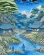 Placeholder: A blue Japanese village near a watery springs designed in Hawaiian tiki statues painted by Katsushika Hokusai