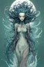 Placeholder: front facing full body illustration of a malevolent shape shifting female Funayurei water ghost with highly detailed facial features and translucent skin textures, in the style of Alex Pardee , Jean Giraud Moebius, and Katsushika Hokusai, highly detailed, boldly inked, deep murky aquatic color