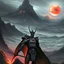 Placeholder: Sauron, the mighty lord of darkness, standing on a rock in the dark land of Mordor, a super-hero man of infinite power and technology of the galactic race, with a great army, a large moon disk behind him, and a fiery sword in his hand