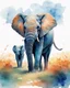 Placeholder: a large female elephant and her calf walking across a grass covered field, front view, low angle, strolling dynamics, perfect anatomy, slow-mo running in savanna, Africa, watercolor, tint leak, hazy, colors of blue, indigo, teal and orange