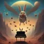 Placeholder: monochromatic bugs bunny composer piano, diffrent planet, one swine pig piggy flying wasp angel, beksinski style daker theme