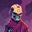Placeholder: 8 bit pixelart of a terminator like robot, synthwave colored, vaporware, budist monk robe