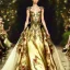 Placeholder: stunning couture gown designed by Marchesa inspired by fairies, realistic epic elegant fantasy colors in gold and black and red, detailed, high quality, intricate, fantasyland background,