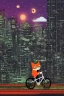 Placeholder: A pedaling cat riding a bicycle is flying at night over tall buildings.